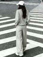 Autumn/Winter New Season 2pcs Pioneer Geometric Zebra V-Neck Sweatshirt + Clean Straight-Leg Pants Set, Niche Streetwear Style Outfit - Light Gray + Light Gray