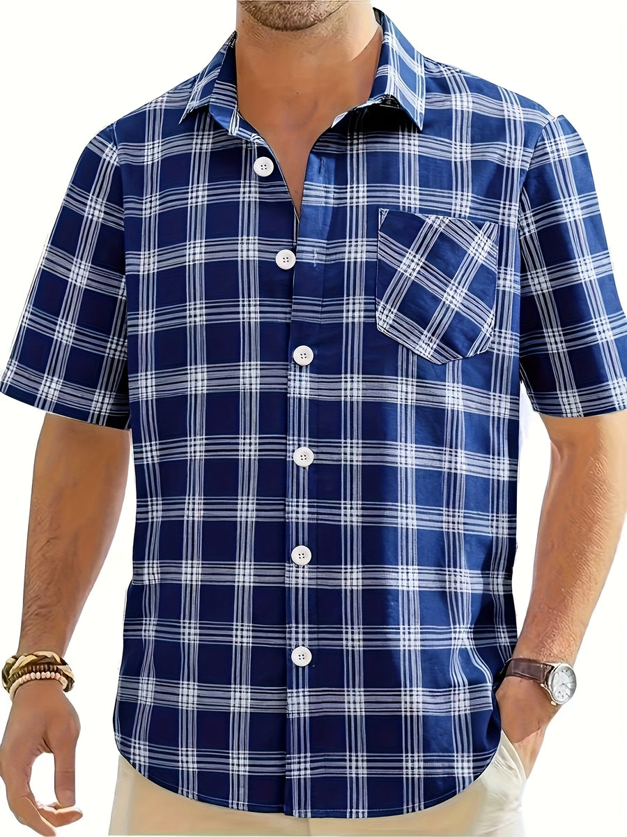 Men's casual 100% pure cotton striped checked shirt (suitable for casual wear during outings and weekend parties) Short-sleeved pocket design, button-down top - Royal Blue