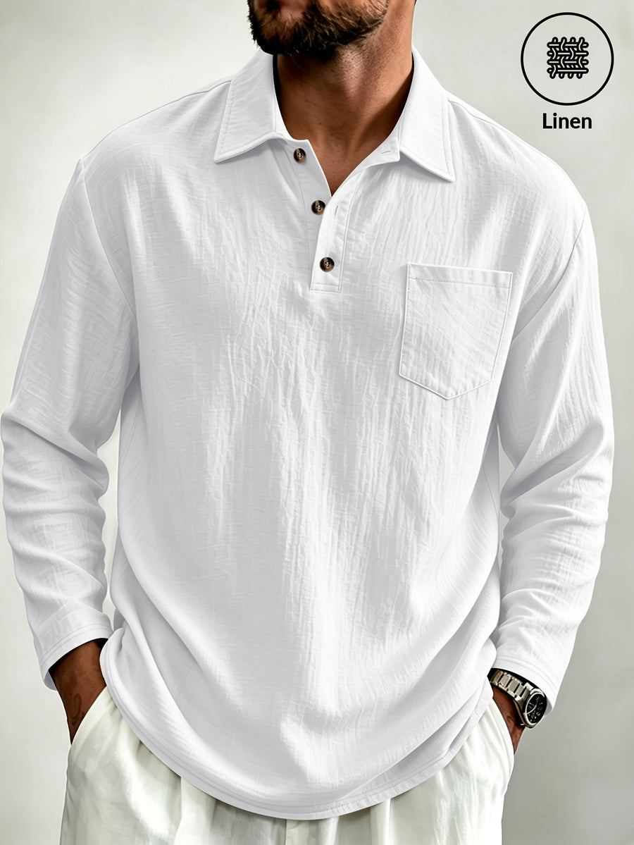 Men's Linen Long-Sleeve Polo ShirtTurn- Collar Three-Button Top with Chest Pocket, Loose Casual Daily T-Shirt - White