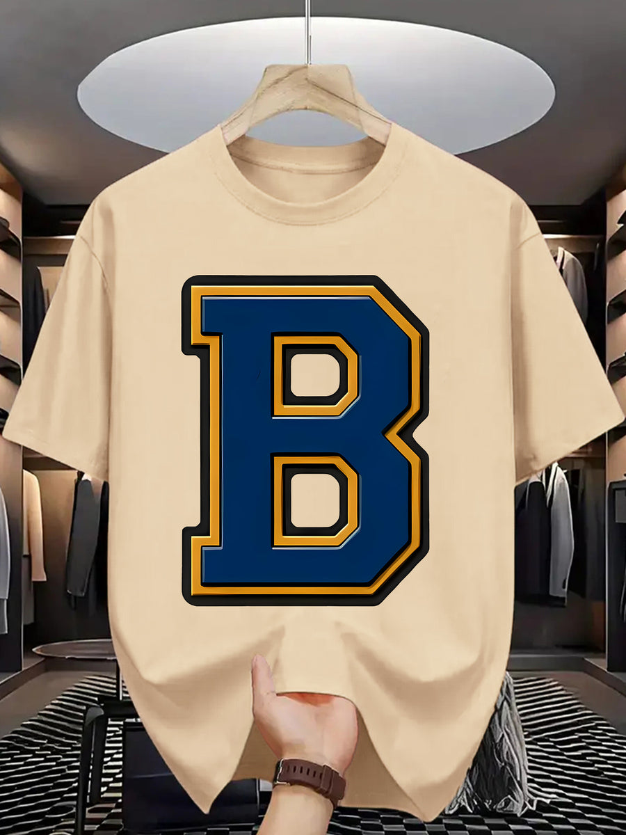 Men'S Summer Casual T-Shirt with Bold "B" Letter Print - Lightweight Polyester, Round Neck, Short Sleeve, Regular Fit, Perfect for Casual Attire, Everyday Tshirt | Trendy Casualwear | Durable Fabric - Apricot
