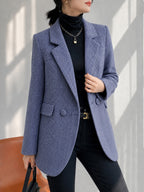 Misty Blue Houndstooth Suit Autumn Winter Premium Loose Casual Thickened Mid-Length Small Size Top Jacket - Blue