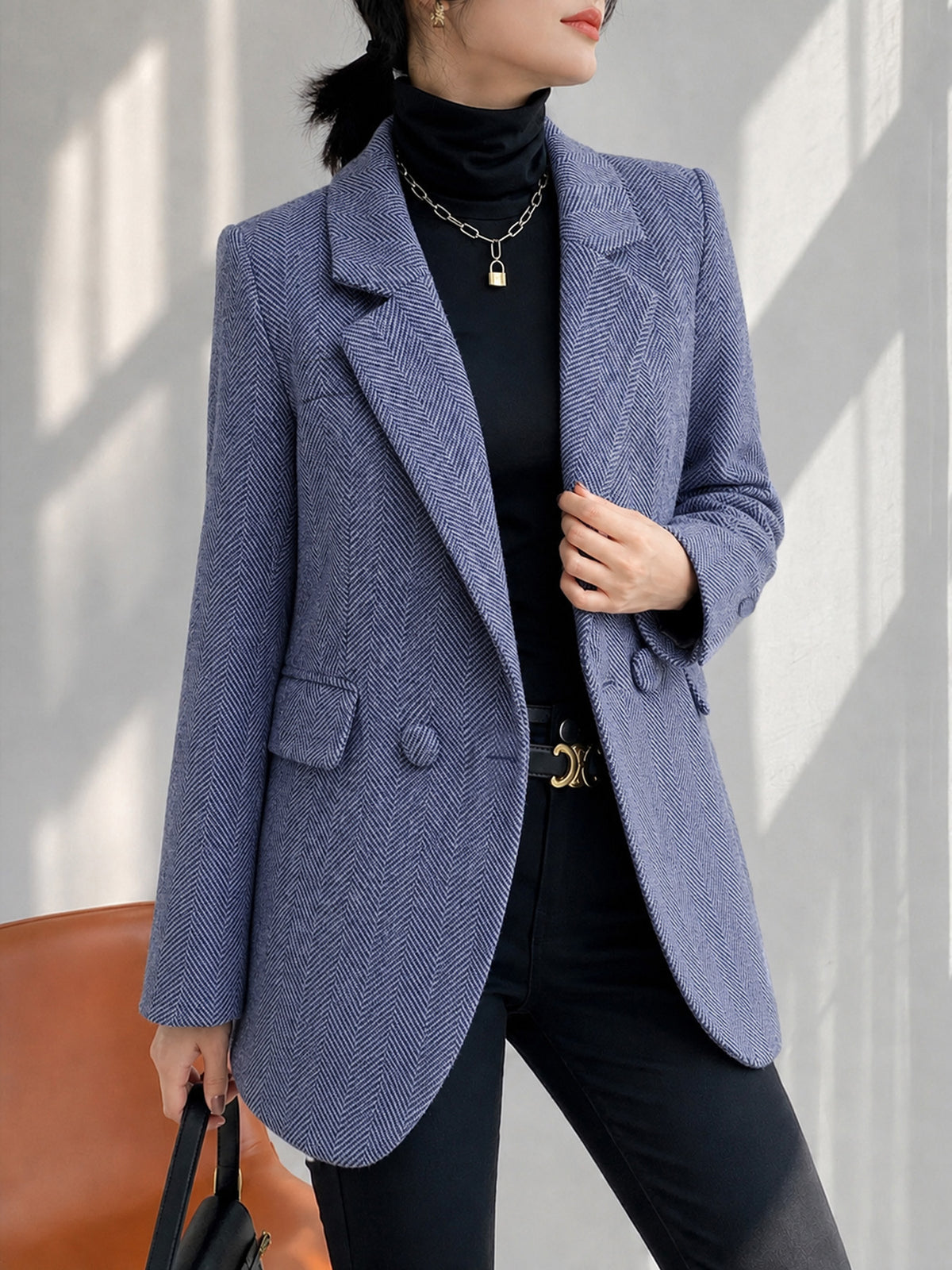 Misty Blue Houndstooth Suit Autumn Winter Premium Loose Casual Thickened Mid-Length Small Size Top Jacket - Blue