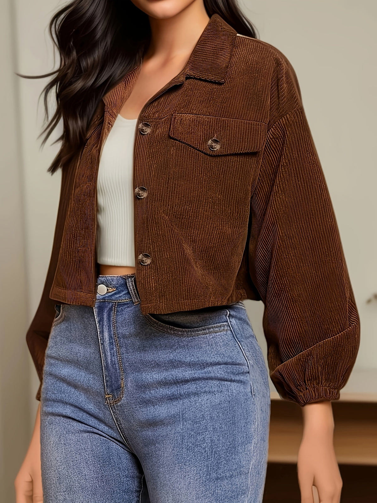 Autumn Winter New Jacquard Lapel Solid Color Coat Women'S Fashion Pinstripe Button Design Casual Jacket - Maroon