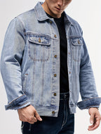 Men's Casual Fashion Denim Jacket, Relaxed Fit Street Style Denim Coat with Button Closure - Light Blue