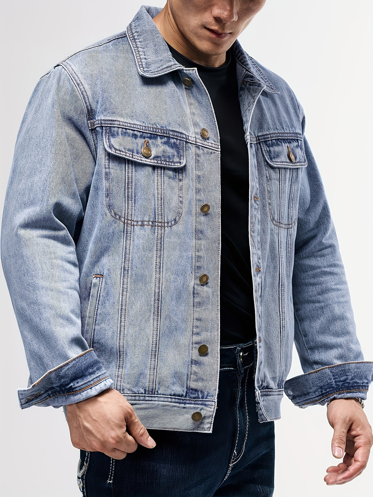 Men's Casual Fashion Denim Jacket, Relaxed Fit Street Style Denim Coat with Button Closure - Light Blue