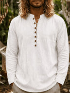 Men's Fashion And Linen Blend Breathable Comfortable Casual Stand Collar Long Sleeve All-Season Shirt, Autumn Menswear - White