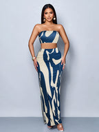 Abstract Striped Elegant Multicolor All-Over Print Sexy Slim-Fit Dress, Fashionable Strapless Long Dress Set for Parties and Festivals - Mixed colors