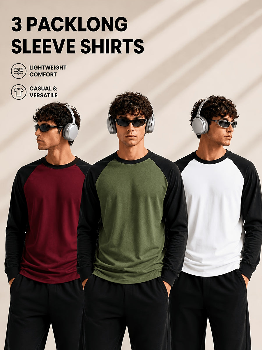 Men'S Long Sleeve Round Neck T-Shirt, a Versatile Color-Block Pullover Top, Men'S Work And T-Shirt, Men'S Top, Casual Work Scene Wear, Applicable for Work Scenes - Black Sleeves + Apricot Red Outfit + Army Green Outfit + Large White Outfit