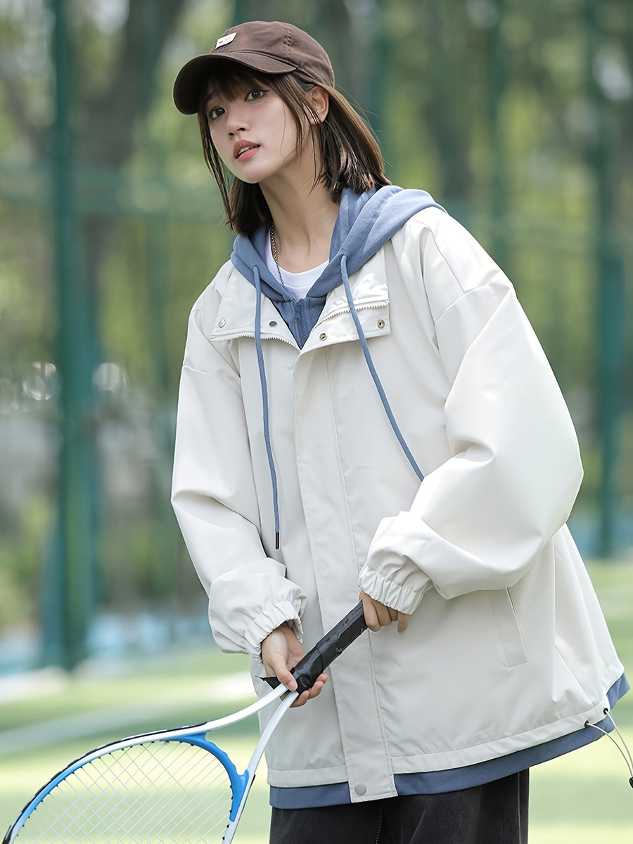 American Style Coat Women'S Trench Hooded Faux Two-Piece Windbreaker Design-Driven Color-Block Casual Loose Jacket - Light White+Blue