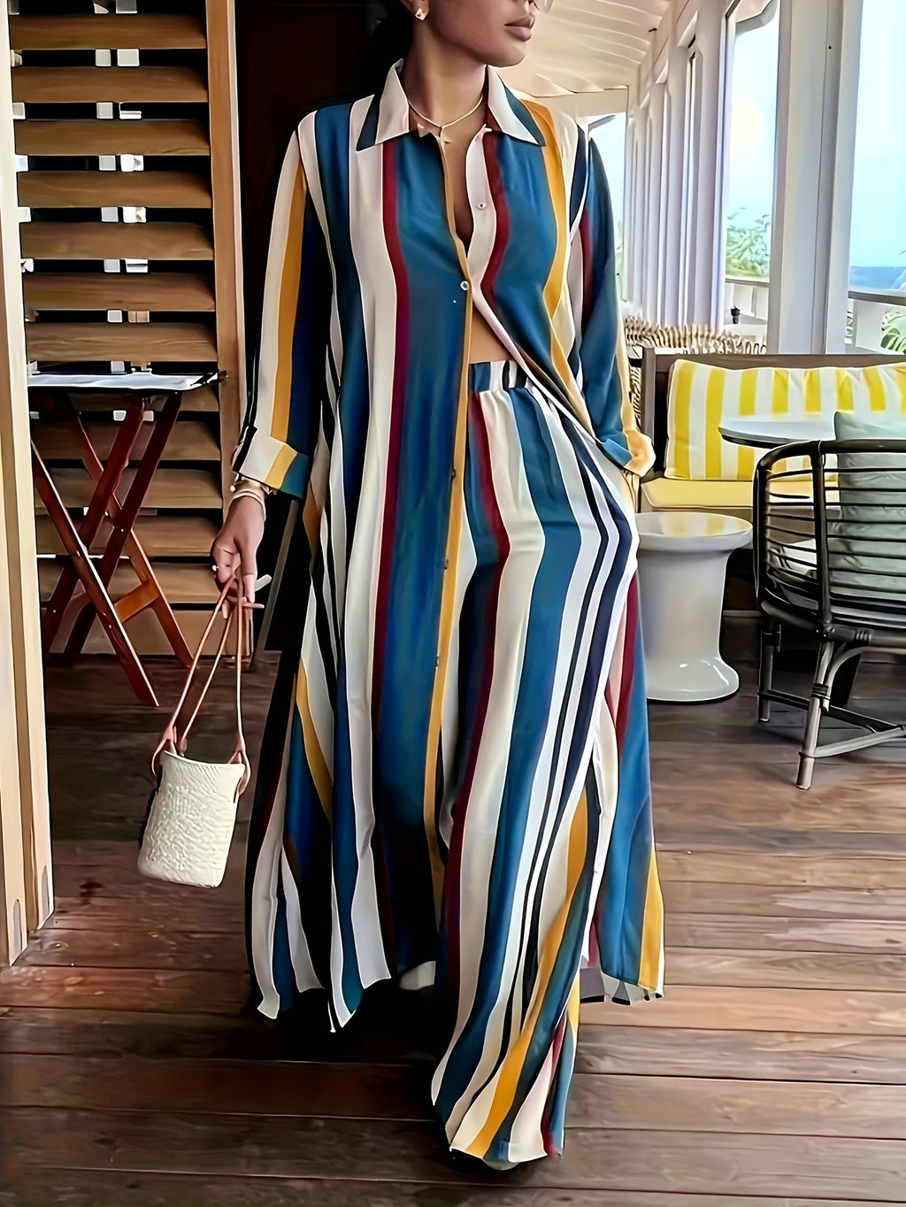 Plus Size Stripe Print Two-piece Set, Collared Button Front Long Sleeve Shirt & Wide Leg Pants Outfits, Women's Plus Size Clothing - Blue