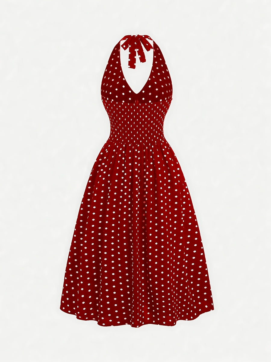New Stylish Elegant Women'S Polka Dot Print Halter Neck Temperament Slim Dress - Red
