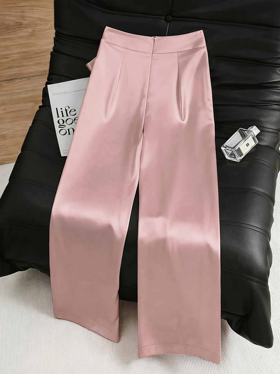 Women'S Fashion Commuter Satin Irregular Lace Bow Zipper Wide-Leg Long Pants - pink
