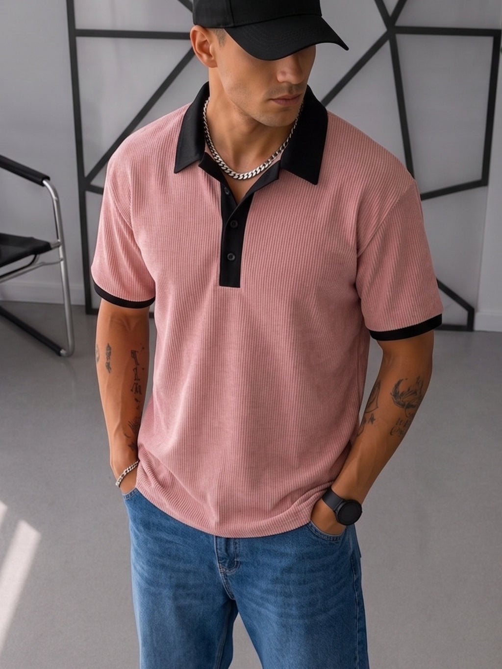 [Villa Le Water OBM] Men'S Heavyweight Patchwork Button-Up Collar American POLO Retro Short Sleeve - Pink