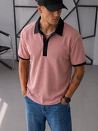 [Villa Le Water OBM] Men'S Heavyweight Patchwork Button-Up Collar American POLO Retro Short Sleeve - Pink