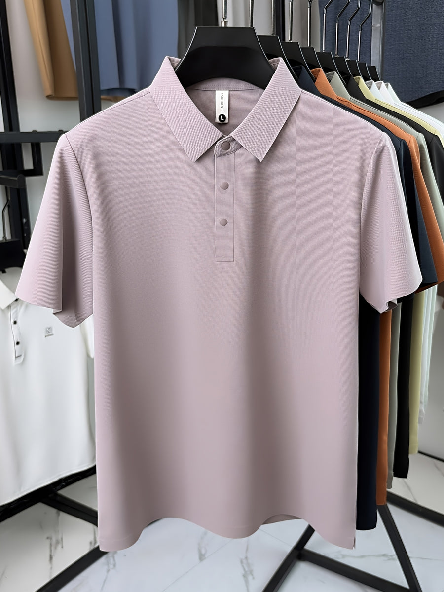 SaXing OBM New Spring/Summer Men's Polo Shirt, Old Money Style Textured Waffle Knit Solid Color Contrast Seamless Half-Placket Single-Breasted Lapel Short-Sleeve T-Shirt, Men's Fashionable Versatile Pullover Base Layer Top with Split Hem Design - Pink Purple
