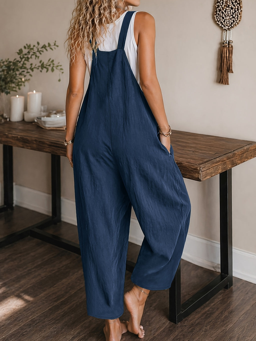 Women's Casual Vacation Loose Solid Color Overalls Jumpsuit - Navy Color