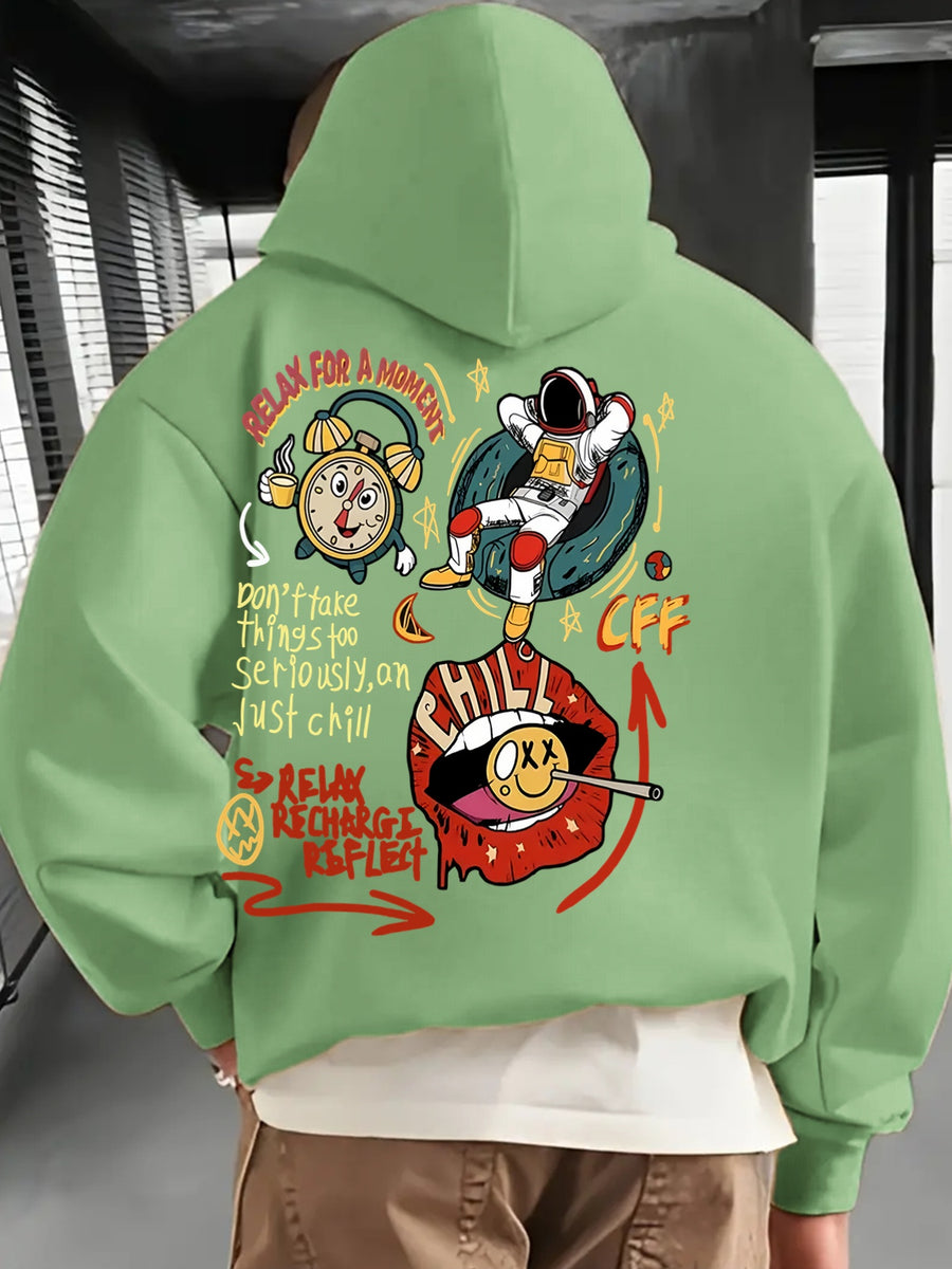 Men'S Fashion Hoodie, Loose Fit Casual Top, Print with "Astronaut" Lettering Print Pattern, Long-Sleeved Sweatshirt with Kangaroo Pocket, Casual Polyester Knit Fabric, Machine Washable Suitable for Outdoor Leisure Wear - Pea Green Color