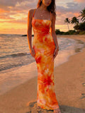 Women's Elegant Hawaiian Print Backless Dress, Summer Vacation Wear, Beach Dress, Women's Beach Vacation Outfit - Orange