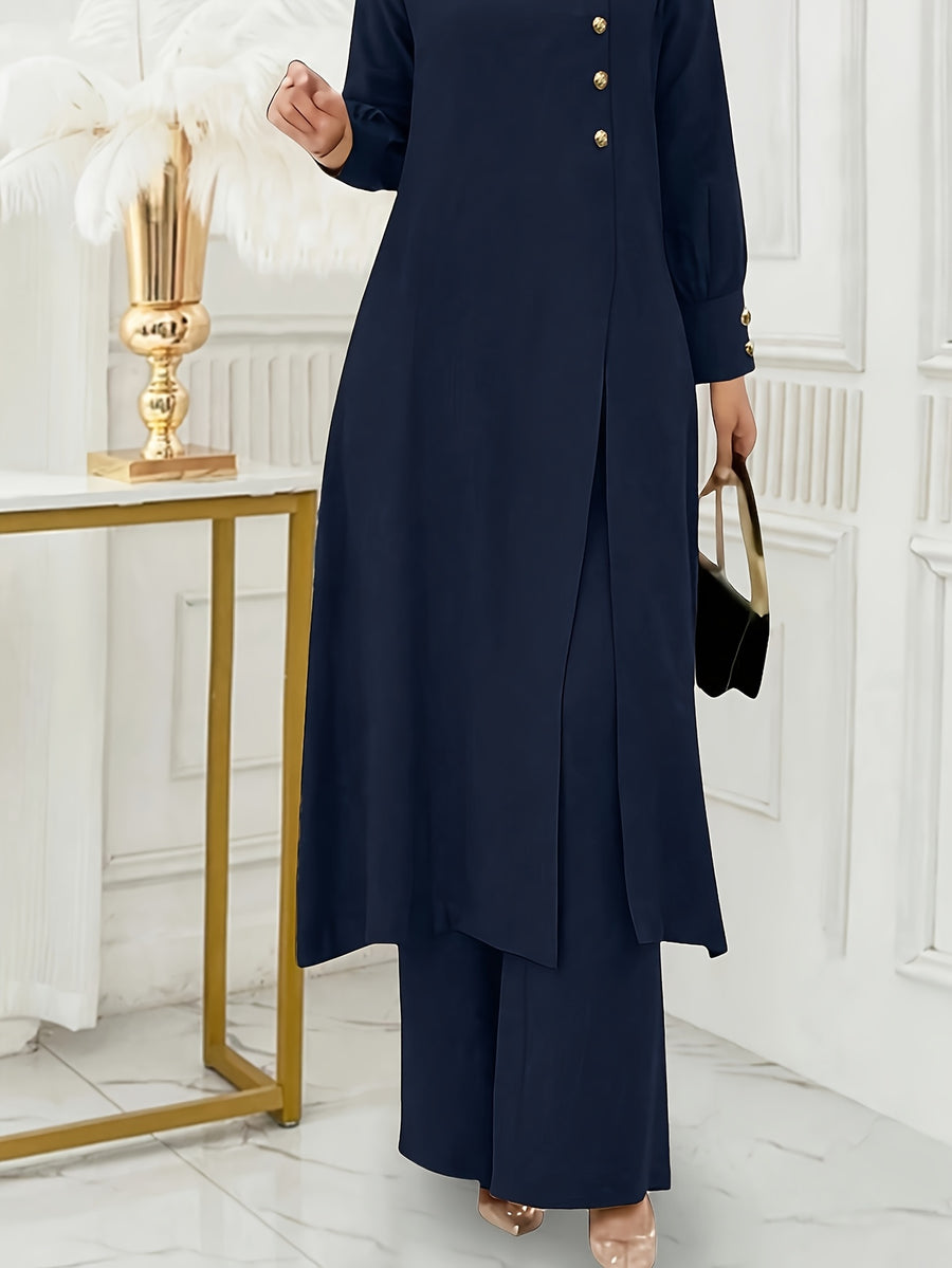 Ramadan, Women's Front-Button Long Sleeve Slit Dress & Pants Casual Arabic Style 2pcs Set, Only Clothes, Without Headscarf - Navy blue color