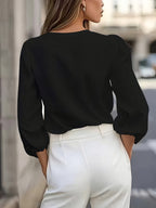 A Solid Color V-Neck Lantern Sleeve Shirt for Women, Stylish And Versatile, Essential for Commuting - Black