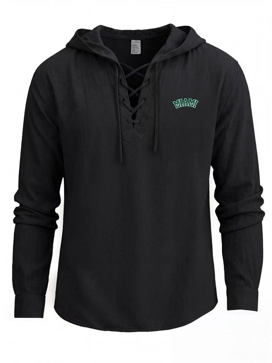 Men's Fashion Light Business Hooded Long-Sleeve Top, V-neck with Criss-Cross Tie to Define Lines, Subtle MIAMI Curved Letter Print for a Minimalist and Restrained Look. Suitable for Both Office Commutes and Casual Dates, with Clean Cut Lines - Black