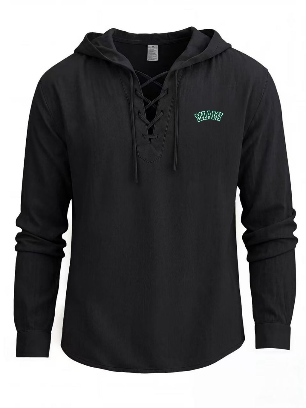 Men's Fashion Light Business Hooded Long-Sleeve Top, V-neck with Criss-Cross Tie to Define Lines, Subtle MIAMI Curved Letter Print for a Minimalist and Restrained Look. Suitable for Both Office Commutes and Casual Dates, with Clean Cut Lines - Black