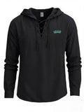 Men's Fashion Light Business Hooded Long-Sleeve Top, V-neck with Criss-Cross Tie to Define Lines, Subtle MIAMI Curved Letter Print for a Minimalist and Restrained Look. Suitable for Both Office Commutes and Casual Dates, with Clean Cut Lines - Black