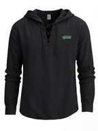 Men's Fashion Light Business Hooded Long-Sleeve Top, V-neck with Criss-Cross Tie to Define Lines, Subtle MIAMI Curved Letter Print for a Minimalist and Restrained Look. Suitable for Both Office Commutes and Casual Dates, with Clean Cut Lines - Black