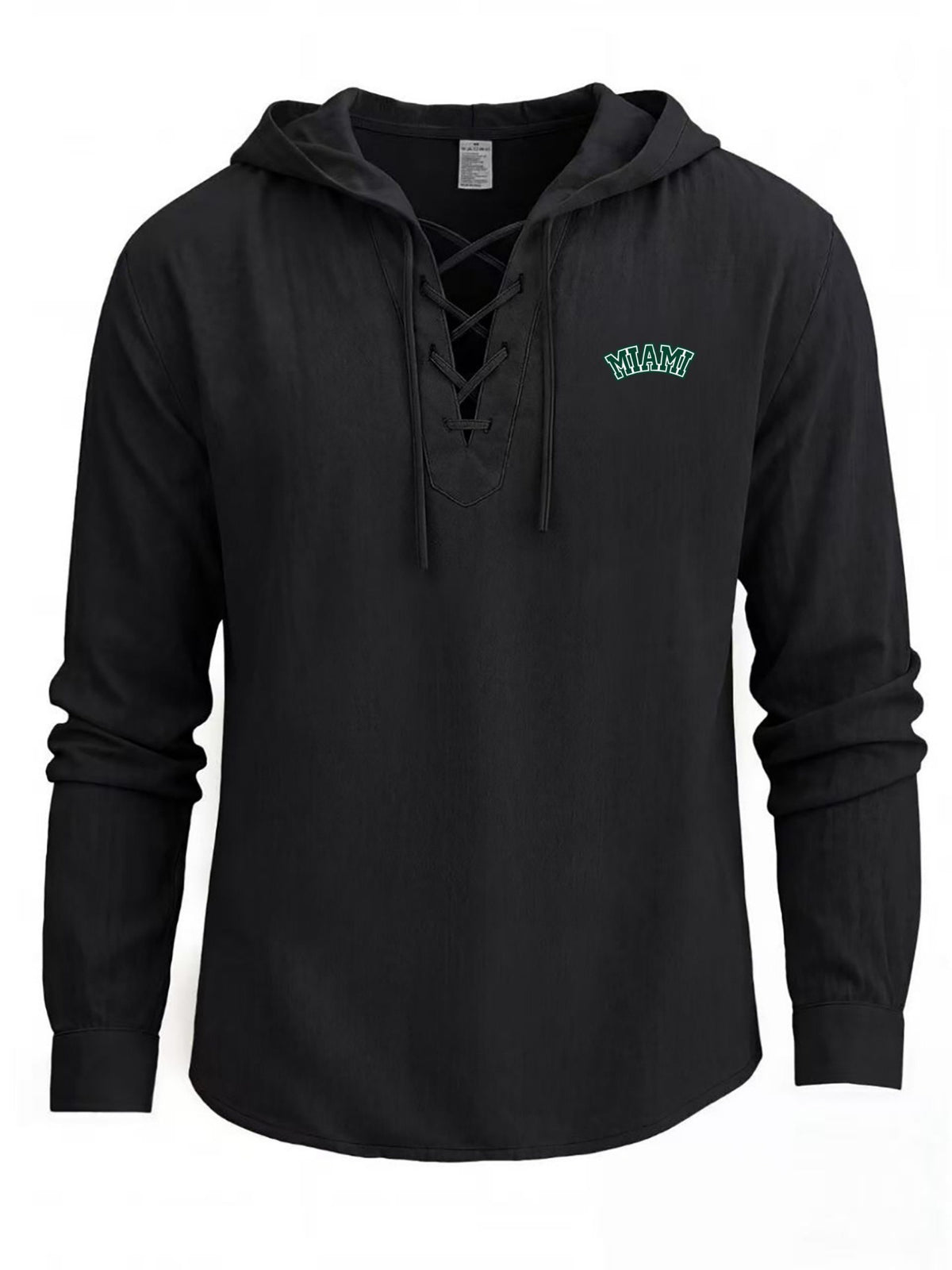 Men's Fashion Light Business Hooded Long-Sleeve Top, V-neck with Criss-Cross Tie to Define Lines, Subtle MIAMI Curved Letter Print for a Minimalist and Restrained Look. Suitable for Both Office Commutes and Casual Dates, with Clean Cut Lines - Black