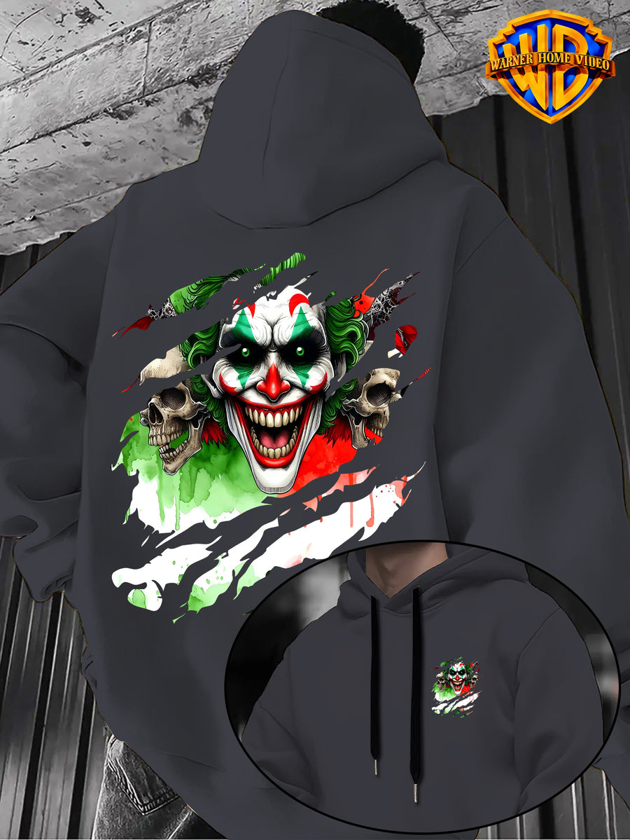 [Officially Licensed by Warner Bros] 1pc, Street Ripped Texture Dark Skull Clown Portrait Casual Hoodie - Men'S Fashion Sweatshirt, Adjustable Drawstring Loose Comfortable Hoodie, Suitable for Daily And Outdoor Wear - Dark Gray