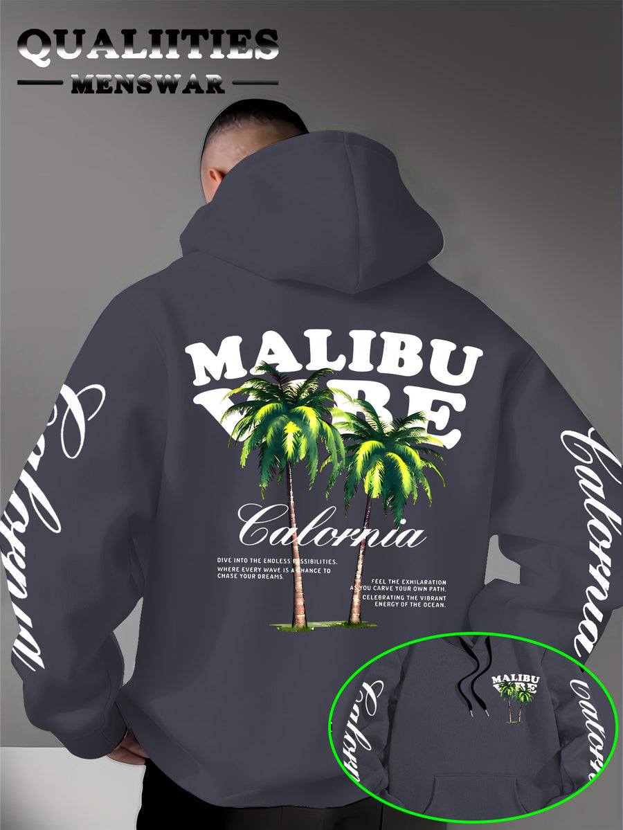 Men'S Casual Stylish Quality Hoodie Featuring The MALIBU VIBE Design with Two Palm Trees, Embodying The American California Beach Vibe Filled with Sunshine, Freedom, Knit - Dark Gray