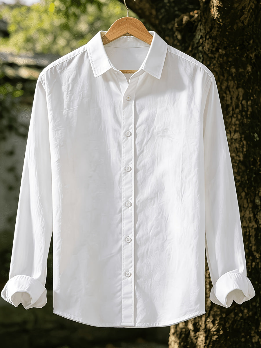 Single Piece Men'S Solid Color Long-Sleeve Shirt, Loose And Soft Button-Up Cardigan Design, Comfortable And Skin-Friendly, Available in Multiple Colors, Versatile for Daily Wear And Outdoor Adventures - White