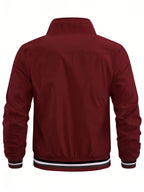 Men'S Sports Solid Color Stand-Up Collar Jacket, Color Striped Rib Hem, Lightweight And Windproof, Creative Three-Bar Totem Design Elements, Suitable for Jogging in Spring And Autumn, Daily Casual Versatile - Burgundy