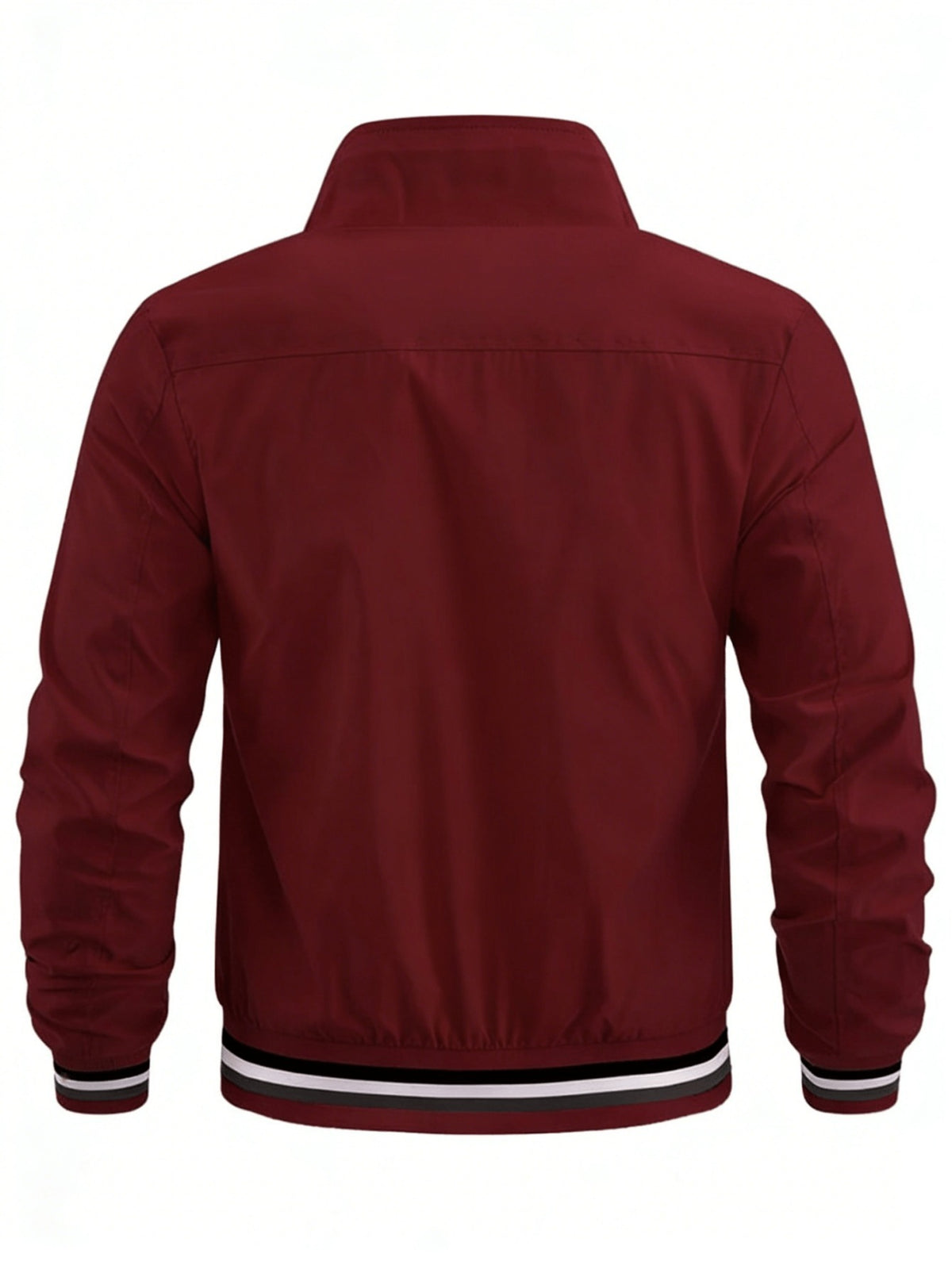 Men'S Sports Solid Color Stand-Up Collar Jacket, Color Striped Rib Hem, Lightweight And Windproof, Creative Three-Bar Totem Design Elements, Suitable for Jogging in Spring And Autumn, Daily Casual Versatile - Burgundy