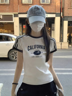 Women'S Y2K-Inspired California Graphic Tee - Short Sleeve, Slim Fit, White with Blue & Black Print, Casual Summer Top for Casual Attire, Casual Summer Wear | Y2K Fashion | Nontransparent Material - White