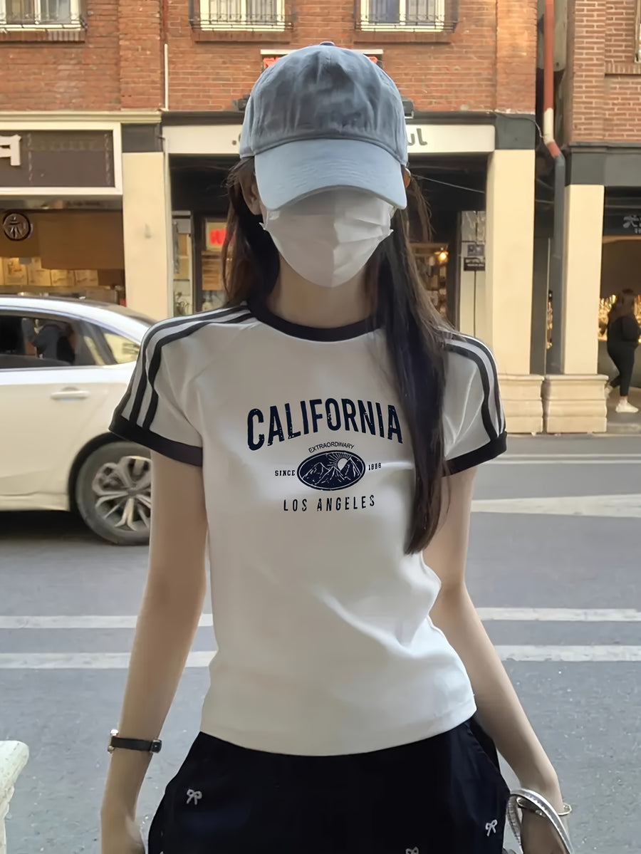Women'S Y2K-Inspired California Graphic Tee - Short Sleeve, Slim Fit, White with Blue & Black Print, Casual Summer Top for Casual Attire, Casual Summer Wear | Y2K Fashion | Nontransparent Material - White