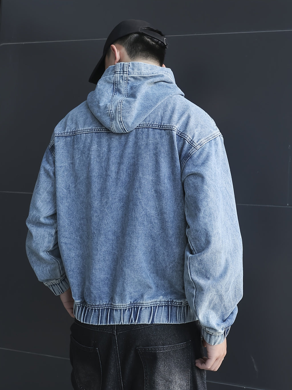 YASUYUAN Men's Light Color Denim Hooded Jacket - Loose Fit -Blend (Suitable for all-Season Wear) with Shrunk Hem & Sleeve Roll, Casual Outerwear, Machine Washable Denim Coat - Blue