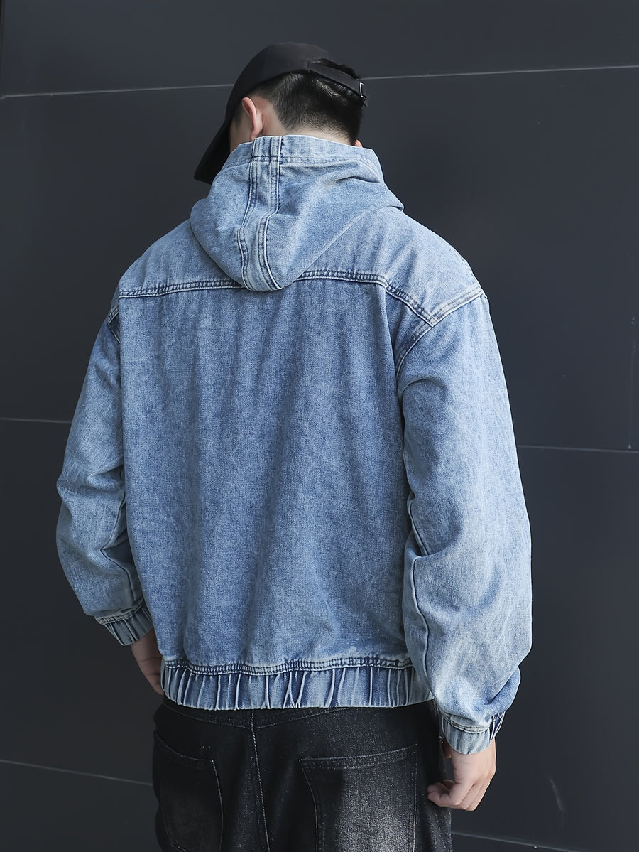 YASUYUAN Men's Light Color Denim Hooded Jacket - Loose Fit -Blend (Suitable for all-Season Wear) with Shrunk Hem & Sleeve Roll, Casual Outerwear, Machine Washable Denim Coat - Blue
