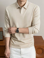 New Autumn 2026 Men's Long-Sleeve Solid Color Seagull Collar Lapel Casual Polo T-Shirt - Apricot