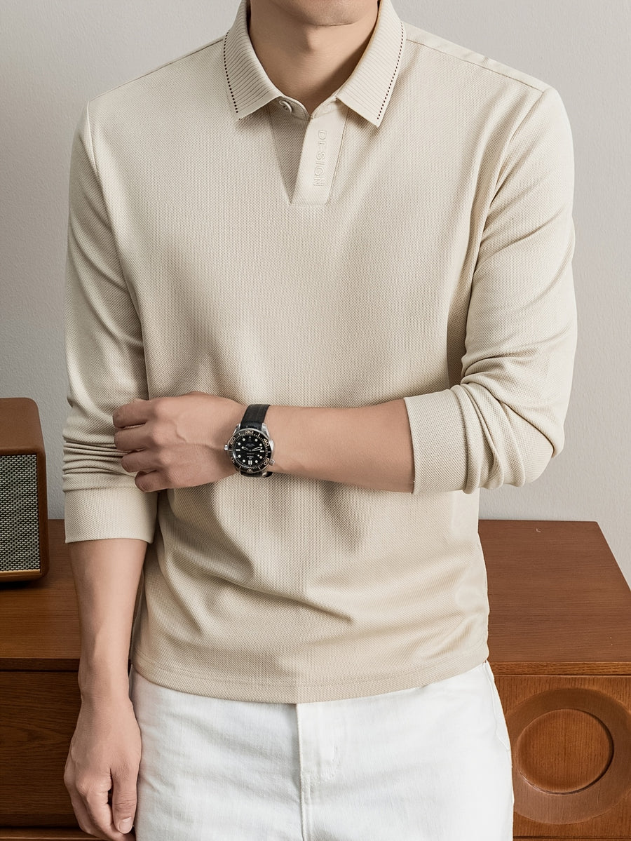 New Autumn 2026 Men's Long-Sleeve Solid Color Seagull Collar Lapel Casual Polo T-Shirt - Apricot