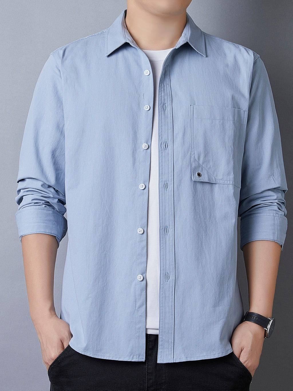 Men's Casual Pure Cotton Long-Sleeve Shirt for Spring and Autumn, Solid Color Simple Lapel Single-Pocket Shirt for Daily Commuting, Work, and Dating, Men's Top - Light Blue