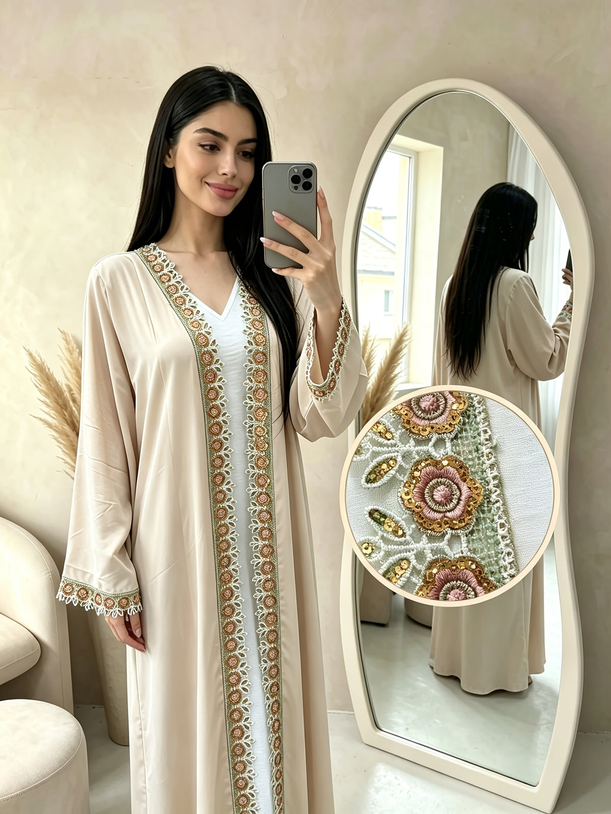 1pc Muslim Women'S Embroidered Open Front Abaya Cardigan, Elegant Long Sleeve Loose Fit Modest Kimono Robe with Decorative Trim, Long Outerwear for Ramadan, Eid, Prayer, Daily Wear & Special Occasions - Off-white
