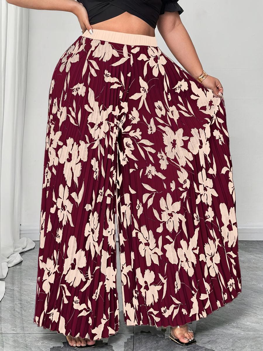 Plus Size - Elegant Floral Print Wide Leg Pants for Women | Non-Stretch Fabric, Pleated Detail, Loose Fit, Suitable for Spring/Fall Season - Burgundy