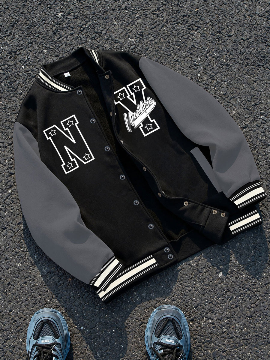 Black and Gray Color-block Baseball Jacket Featuring a "NY" Logo, a Classic Symbol of New York City Culture, Paired with Star Embellishments and the "Vandals" Text. "Vandals" Is Often Associated with Streetwear Style, Enhancing Individuality. - Black And Grey