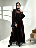 Middle Eastern Muslim Velvet Robe - Black Lace Patchwork Cuffs And Hem - Loose Full Skirt - Abaya Dress (Headscarf Not Included) - Dark Brown
