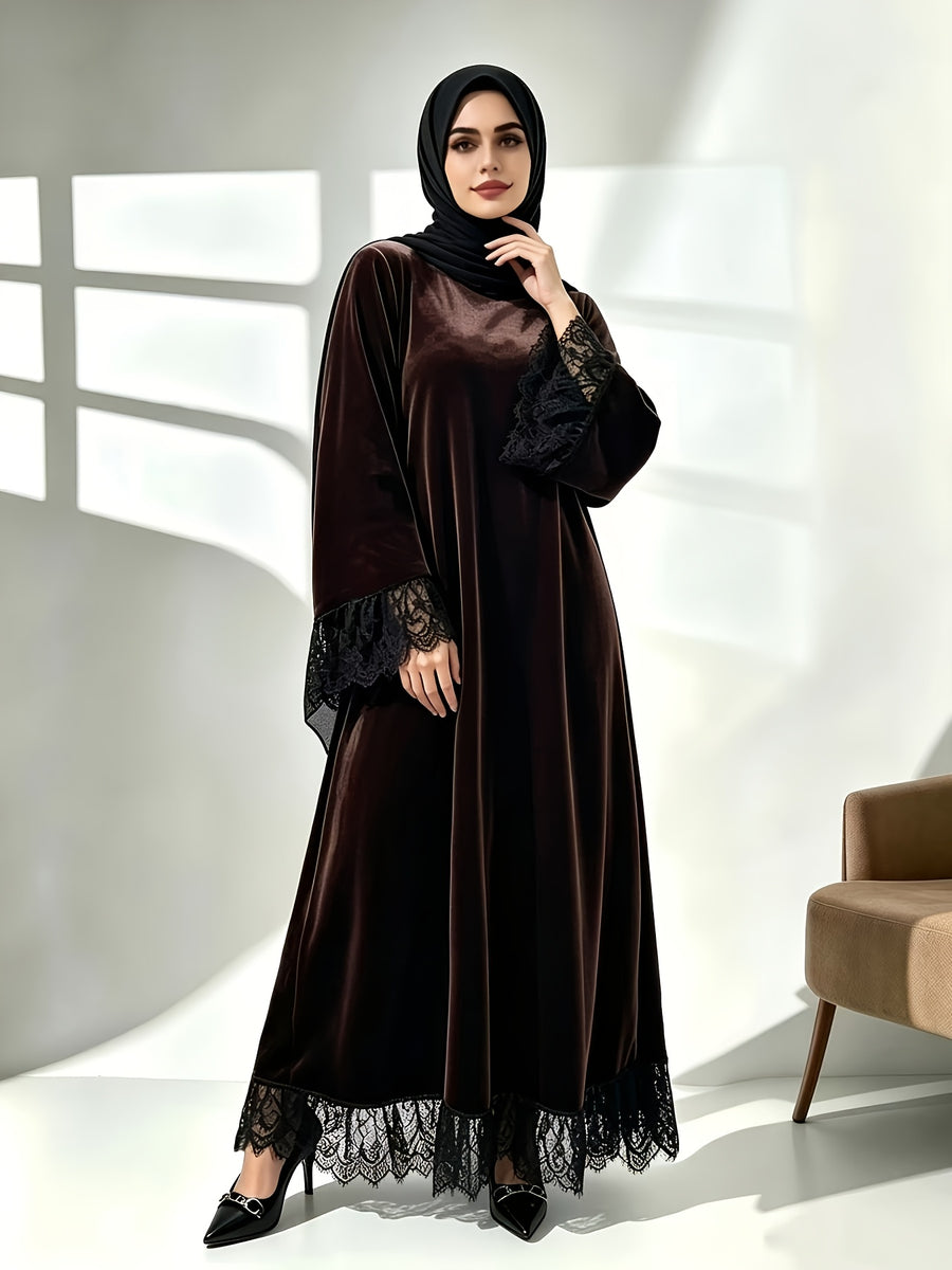 Middle Eastern Muslim Velvet Robe - Black Lace Patchwork Cuffs And Hem - Loose Full Skirt - Abaya Dress (Headscarf Not Included) - Dark Brown