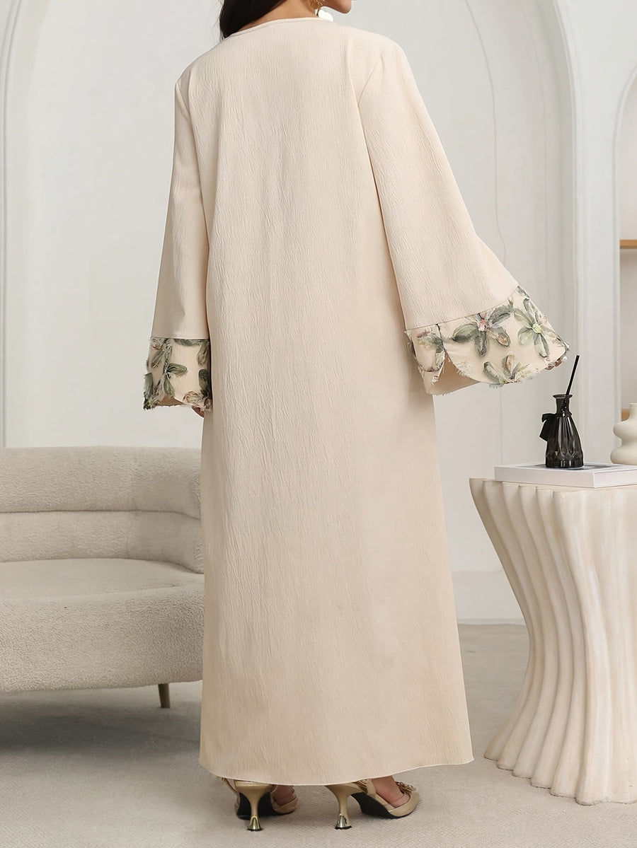 Women'S Solid Color Long Sleeve Printed Mesh Elegant Arabic Style Dress - Apricot