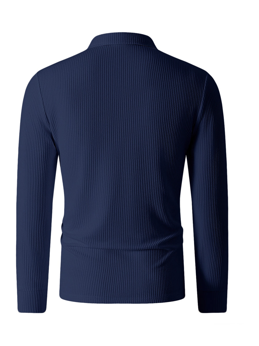 Autumn/Winter Men's Long-Sleeve Lapel Outdoor Casual Sport Half-Zip Printed Polo Shirt - Navy Color