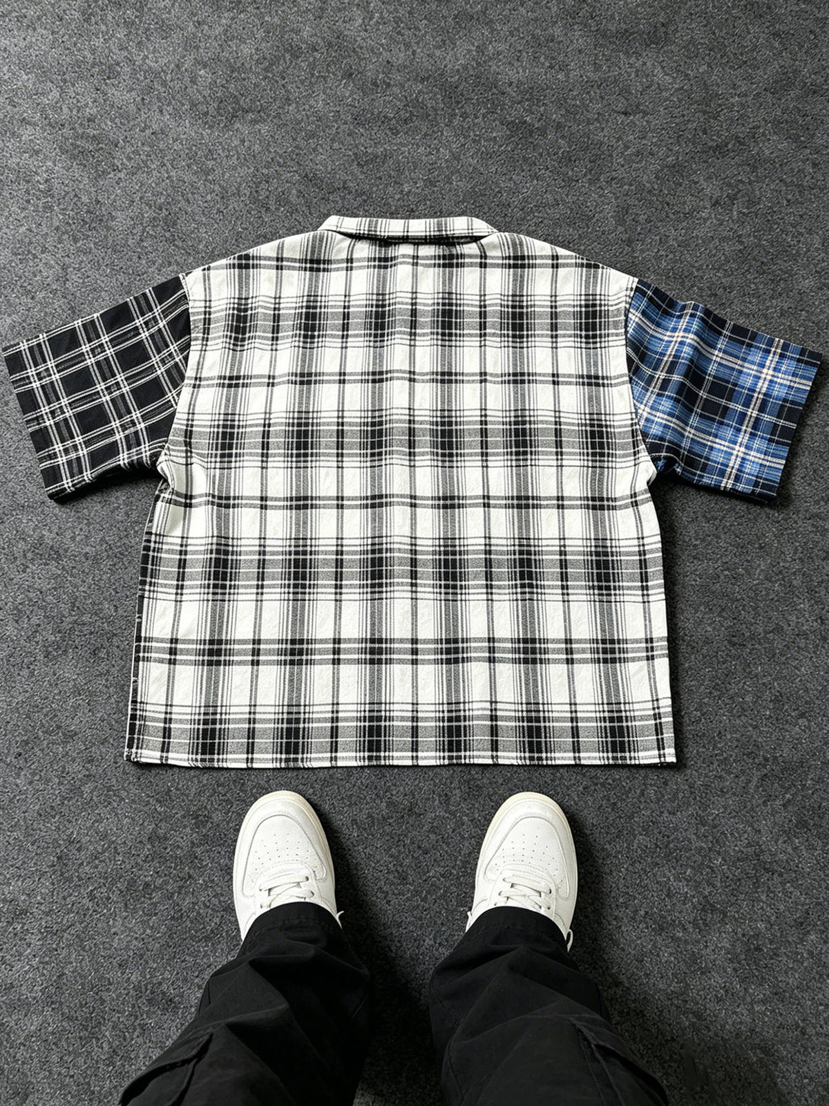 Men's Mature Casual Style Patchwork Plaid Short Sleeve Cropped Shirt, Asymmetric Contrast Color Loose Fit Blouse, Summer Casual Versatile Top, Gloves Not Included - Mixed colors