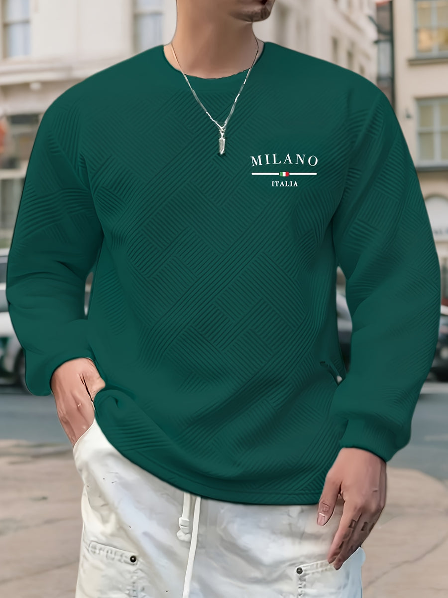 Men'S Spring Autumn Casual Long Sleeve Sweatshirt Daily All-Match Heavy Jacquard Round Neck Sweatshirt, Regular Fit, Outdoor, Crew Neck, Geometric Print - Dark Green